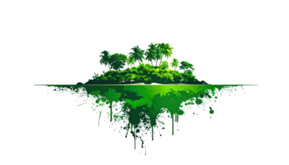 Digitally created depiction of a tropical island, lush with green foliage, reflecting its image