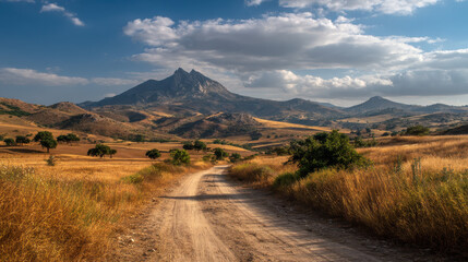Naklejka premium Charming Summer Landscape of a Scenic Dirt Road Leading to Mountains in Andalusia, Spain