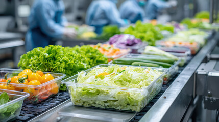 Efficient Robot Arms in Industrial Kitchen Preparing Fresh Healthy Dishes for Packaging in Modern Food Industry