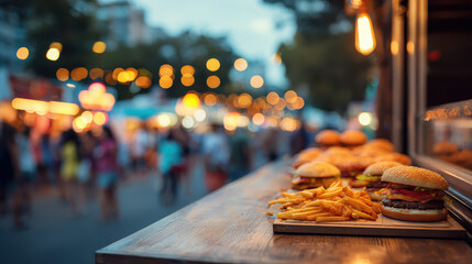 Vibrant Food Truck Scene Serving Burgers and Fries Under Bokeh Lights at a Lively Evening Street Festival