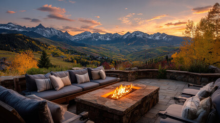 Elegant Outdoor Patio with Fire Pit Overlooking Snow-Capped Mountains at Sunset – Perfect for Luxury Retreats or Travel Promotions