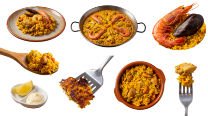 set of paella in different presentations, including whole pan, single plate and seafood closeups isolated on a transparent background
