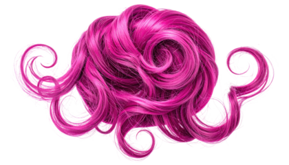 Digitally created vibrant pink curly hair swirls against a dark background, isolated