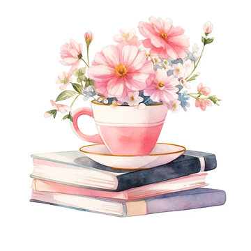 Cute cup with tea and flowers on book stack. Flat watercolor style illustration. Reading and self-care concept for greeting card.