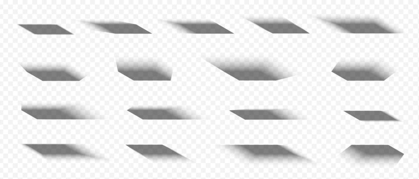 Realistic box shadow effects create a soft drop shade for 3d mockups and paper frames. A set of black gradient overlays on floor and wall surfaces adds depth to rectangular objects and square forms.