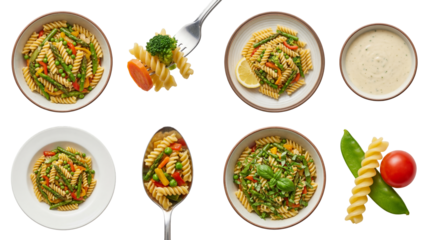 set of pasta primavera in different preparations, including vegetable bowls, cream sauce and raw ingredients isolated on a transparent background
