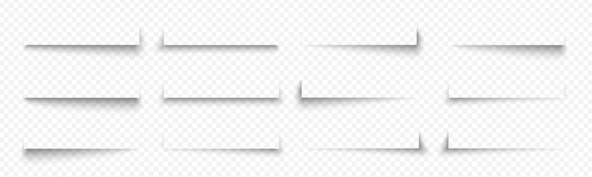 Realistic paper shadow effects create depth with soft edges and 3d drop shades. Transparent vector box frame and page border elements for professional card mockups, web banners, and layout design.