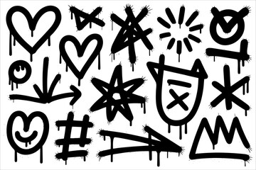 Hand drawn black graffiti symbols with dripping paint strokes forming bold urban street art collection