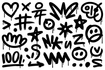 Black graffiti doodle symbols and hand drawn spray paint elements isolated on white background