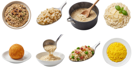 set of risotto dishes in different varieties, including mushroom, saffron and arancini balls isolated on a transparent background