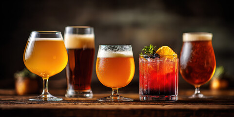 Assorted Craft Beers, Whiskeys, and Sparkling Wines on Rustic Table with Copy Space for Bar Menu or Event Promotion