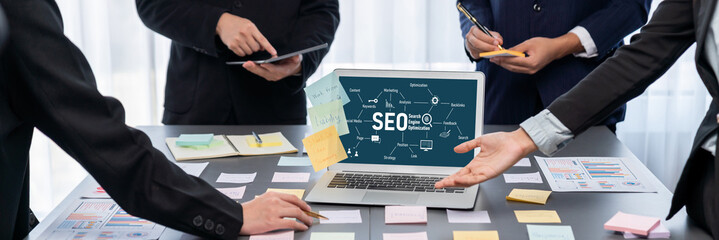 Analyst team use sticky note for creative and analytic brainstorm for business idea with BI data dashboard on laptop screen. Analysis financial data visualization tech for marketing strategy. Prodigy