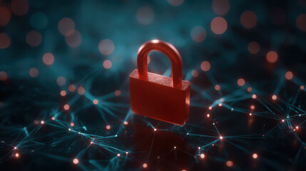 Vibrant Red Padlock Icon Symbolizing Cyber Security Over Dark Blue Background, Perfect for Online Data Protection Themes