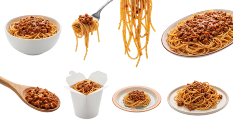 set of spaghetti bolognese in different servings, including pasta bowls, meat sauce spoon and takeout box isolated on a transparent background