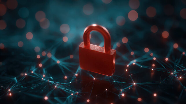 Vibrant Red Padlock Icon Symbolizing Cyber Security Over Dark Blue Background, Perfect for Online Data Protection Themes - Powered by Adobe