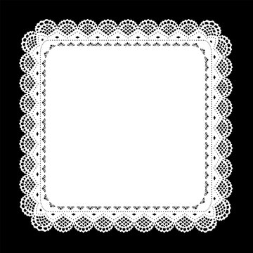 Vintage lace doily square place mat or picture frame, decorative border, white on black. Copy space for pictures, albums, scrapbooks, holidays. EPS8 compatible file. 
