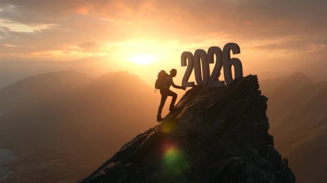 Man Climbing on Mountain Cliff Facing 2026 at Sunrise