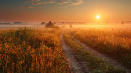 Serene Summer Sunrise Over a Foggy Field with a Country Path, Golden Grass, and Wildflowers Leading to the Horizon