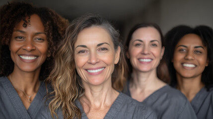 Fototapeta premium Multicultural Women in Gray Scrubs Smiling Together, Celebrating Healthcare Dedication with Joyful Energy