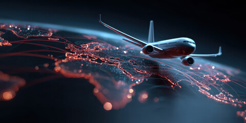 Futuristic Airplane Soaring Above World Map with Glowing Connections, Ideal for Business Travel and Tech Presentations