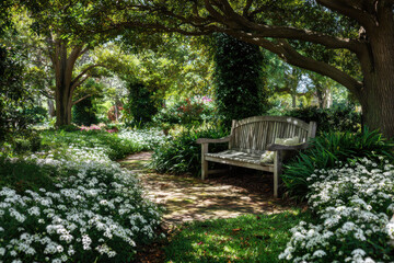 Obraz premium Charming Wooden Bench in Elegant Garden with White Flowers and Sunlit Shadows – Perfect for Relaxation and Outdoor Retreats