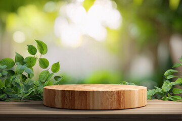 Wooden podium against a blurred nature background. Foliage and natural wood. Minimalistic style. Presentation.