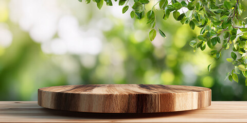 Wooden podium against a blurred nature background. Foliage and natural wood. Minimalistic style. Presentation.