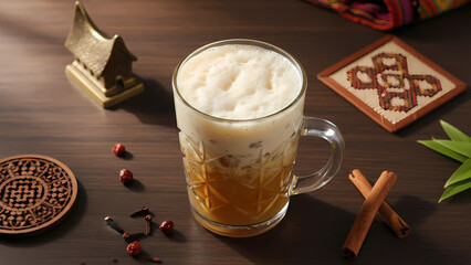 A warm cafe scene with hot chocolate topped with whipped cream and creamy coffee lattes served in cups with cinnamon sticks and foam