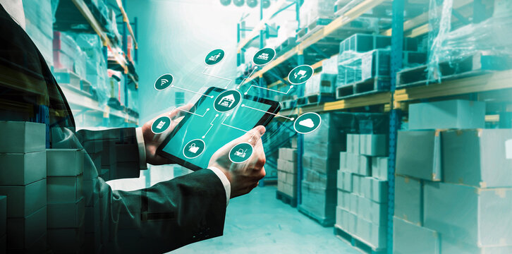Smart warehouse management system with innovative internet of things technology to identify package picking and delivery . Future concept of supply chain and logistic network business .