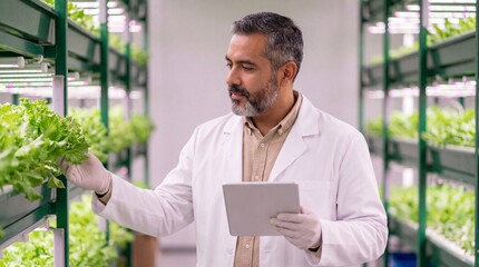 Mature male scientist in a lab coat inspecting fresh lettuce with a tablet in a modern vertical hydroponic farm facility.