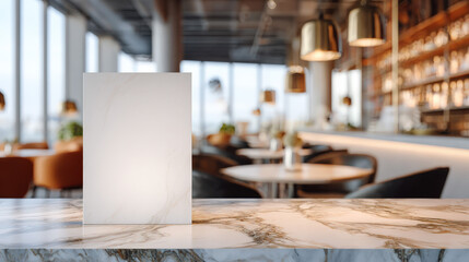 Elegant Blank White Menu Holder on Marble Bar Counter in Modern Restaurant Interior, Ideal for Dining Promotions