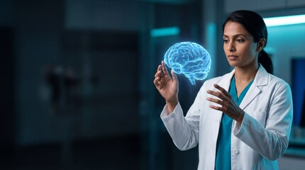 Professional female doctor analyzing a glowing holographic brain scan using advanced medical AI technology in a futuristic laboratory.