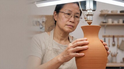 Focused Asian female artisan with glasses using a 3D printer to create a clay pottery vase in her modern workshop studio.