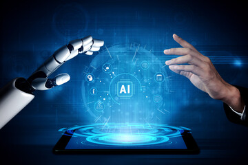 The ecosystem of Artificial Intelligence (AI) core technology. A concept of an AI platform powering data analysis, machine learning, and global networks. Motif