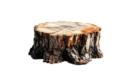 Digitally painted, realistic wood tree stump against a solid black background