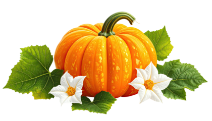 Digitally painted vibrant orange squash with flowers, leaves and a green stem