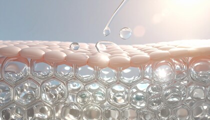 肌内部へ浸透する美容液成分を表現したマクロ断面スキンケアビジュアル 淡色ピンク ジェネレーティブAI