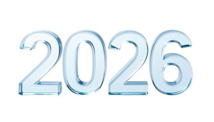 Digitally rendered ice-blue "2026" numerals against a stark black background