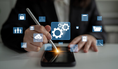 A concept of business operations and enterprise system integration. The components of a company including security, data, and cloud infrastructure. Motif