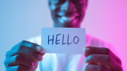 Clean, vibrant, high-key photo of a person smiling while holding up a simple, handwritten Hello World note (focused on the joy), first steps, learning