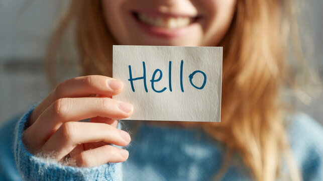 Clean, vibrant, high-key photo of a person smiling while holding up a simple, handwritten Hello World note (focused on the joy), first steps, learning