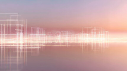 Abstract grid city skyline creating a futuristic cityscape with glowing light lines, representing global network connection and smart technology development on a soft pastel background
