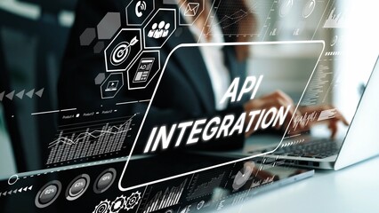 Business professional working on computer with graphic overlay showcasing API integration...