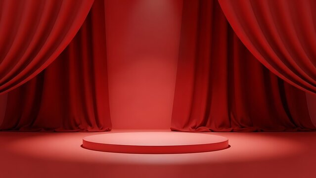 A dramatic red stage with curtains pulled back revealing a spotlighted circular platform, ready for a performance or presentation
