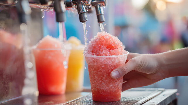 Joyful Carnival Scene: Hand Filling Colorful Snow Cone with Refreshing Lemonade and Watermelon Slush in Summer Fun