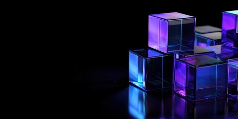 abstract background with blue and purple glass cubes on a black background Generative AI