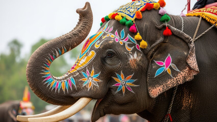 Decorated elephant with colorful patterns and accessories during a festival or celebration.