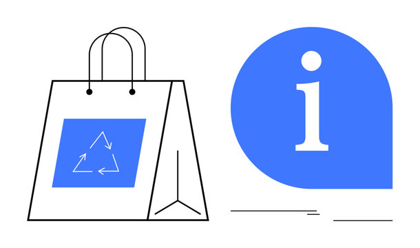 Reusable shopping bag with recycling logo and blue info icon promoting sustainability. Ideal for eco-awareness, green living, waste reduction, sustainable shopping, environmental education