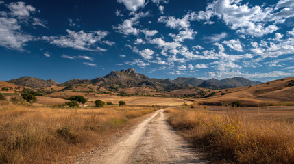 Breathtaking Summer Landscape of a Dirt Road Leading to Andalusian Hills with Majestic Mountains in the Background