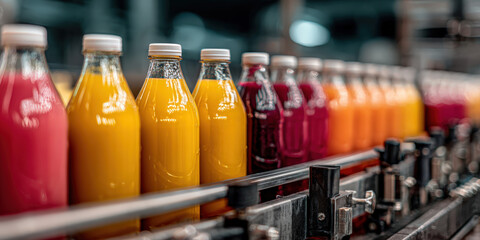 Vibrant Juice Production Line: Close-Up of Colorful Bottles Being Filled and Labeled in a Supermarket Setting